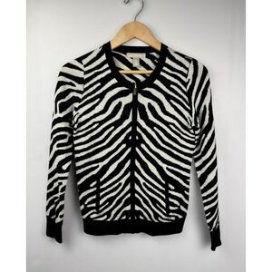 Banana Republic Women Zebra Print Merino Wool Blend Zip Front Cardigan Sweater S